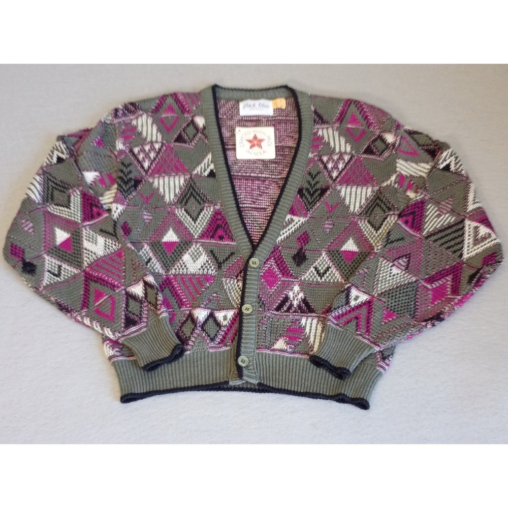 Vintage Women's Knit Sweater Cardigan Size 12 Green Black Purple Diamond Pattern